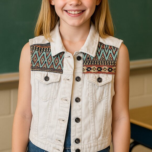 ChiQle Patched Vest Button Down White Denim Two Chest Pockets Collared Medium - Picture 1 of 13